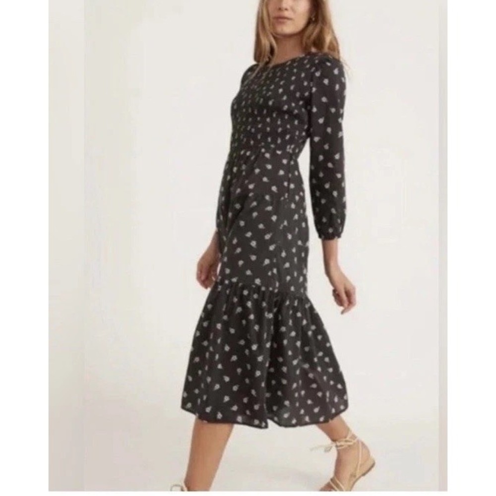 Marine Layer Camille Smocked Midi Dress in Black Modern Ditsy Size L